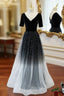 Black Tulle Short Sleeve Backless Formal Prom Dresses
