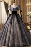 Black Tulle Short Sleeve Square Neck Quinceanera Dresses