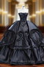 Black Unique Satin Strapless Pleats Ball Gown Formal Prom Dresses