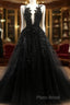 Black V Neck Lace Long Formal Prom Dresses A Line Formal Dresses