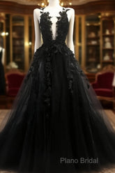 Black V Neck Lace Long Formal Prom Dresses A Line Formal Dresses