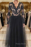 Black v neck lace tulle long evening dress black lace Formal Prom dress