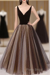 Black V-Neck Tulle Short Formal Prom Dresses, A-Line Black Tea Length Party Dresses