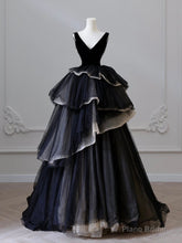 Black V Neck Tulle Velvet Long Prom Dress, Black Long Formal Dress