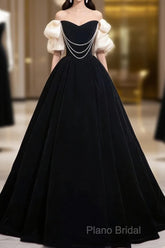 Black Velvet Floor Length Formal Prom Dresses, Off The Shoulder A-Line Formal Party Dresses