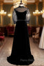 Black Velvet High Short Sleeve Backless Beading Formal Prom Dresses