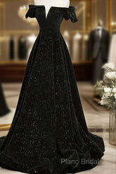 Black Velvet Off Shoulder A-Line Long Formal Prom Dresses, Black Simple Wedding Party Dresses