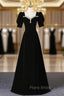 Black Velvet Square Neck Short Sleeve Beading Formal Prom Dresses