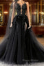Black Lace Long Formal Prom Dresses, A-Line Backless Evening Dresses