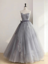 A Line Strapless Appliques Gray Tulle Long Prom Dress Evening Dress