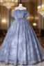 Blue A-Line Tulle Lace Long Formal Prom Dresses, Blue Formal Graduation Dresses