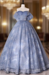 Blue A-Line Tulle Lace Long Formal Prom Dresses, Blue Formal Graduation Dresses