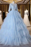 Blue A-Line Tulle Lace Long Formal Prom Dresses, Blue Lace Formal Evening Dresses