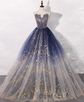 Blue A line Tulle Lace Long Formal Prom Dresses, Tulle Formal Blue Graduation Dresses