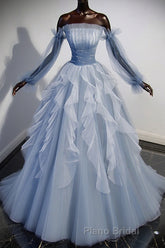 Blue A-Line Tulle Lace Long Formal Prom Dresses, Blue Formal Evening Dresses