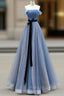 Blue A-Line Tulle Long Party Dresses With Belt, Blue Evening Dresses Formal Prom Dresses