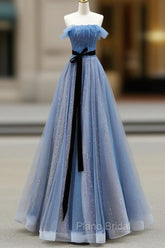 Blue A-Line Tulle Long Party Dresses With Belt, Blue Evening Dresses Formal Prom Dresses
