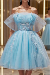 Blue A-line Tulle Short Formal Prom Dress, Blue Homecoming Dress