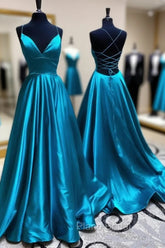 Blue A Line V Neck Backless Satin Long Formal Prom Dresses Open Back Formal Graduation Evening Gowns