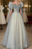 Blue And Champagne Tulle Beaded Shiny Tulle Formal Prom Dresses, A-Line Long Party Dresses
