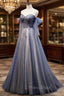 Blue and Grey Tulle Long Sweetheart Party Dresses, Tulle A-line Formal Dresses