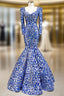 Blue And Silver Sequins Mermaid Long Sleeve Square Formal Prom Dresses