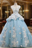 Blue Ball Gown Cap Sleeve Organza Flower Backless Wedding Dresses