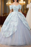 Blue Ball Gown Print Tulle Off the Shoulder Quinceanera Dresses