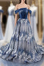 Blue Ball Gown Silver Sequins Off the Shoulder Formal Prom Dresses