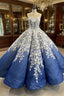 Blue Ball Gown White 3D Appliques Formal Prom Dresses