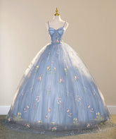 Blue Ball Gown with Scattered Little Flower Prom Dress