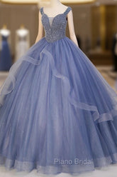 Blue Beaded Tulle Long A-Line Formal Prom Dresses, Blue Formal Dresses