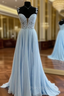 Blue Chiffon Appliques Straps Formal Prom Dresses