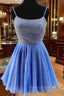 Blue Chiffon Beads Backless Short Formal Prom Dresses, Blue Homecoming Dresses