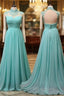 Blue Chiffon Lace And Beaded Cap Sleeves Formal Prom Party Dresses, A-Line Chiffon Formal Dresses