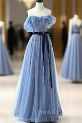 Blue Floor Length Formal Prom Dresses, A-line Strapless Tulle Evening Dresses