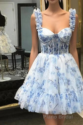 Blue Floral Printed Spaghetti Straps A-Line Short Corset Homecoming Dresses