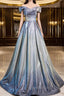 Blue Gradient A-Line Floor Length Formal Prom Dresses, Blue Off The Shoulder Evening Party Dresses