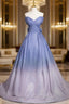 Blue Gradient-Color Glitter Sequins Formal Prom Dresses, A-Line Off-The-Shoulder Blue Princess Formal Dresses