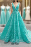 Blue Green V-neck Tulle Beading Formal Prom Dresses