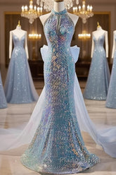 Blue Halter Beading Sequin Mermaid Formal Prom Dresses With Detachable Bow