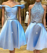 Blue lace satin short Formal Prom dress, blue homecoming dress