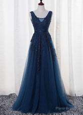 Blue Long A-line Bridesmaid Dress, Dark Blue Tulle Party Dress
