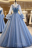 Blue Long Sleeve Tulle Pleats Beading Quinceanera Dresses