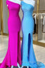 Blue Mermaid One Shoulder Satin Formal Prom Dresses