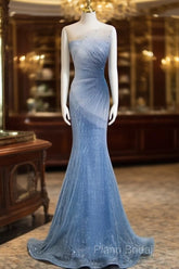 Blue Mermaid Sequin Sheer Straps Scalloped Long Formal Prom Dresses