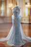 Blue Mermaid Sequins Halter Long Party Dresses with Bow, Blue Sequins Formal Prom Dresses