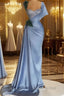 Blue Mermaid Sweetheart Satin Long Formal Prom Dresses Beaded One Shoulder Formal Evening Dresses