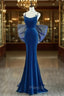 Blue Mermaid Velvet Spaghetti Straps Formal Prom Dresses
