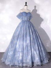Blue Off Shoulder Ball Gown Floral Tulle Party Dress, Blue Sweet 16 Dress